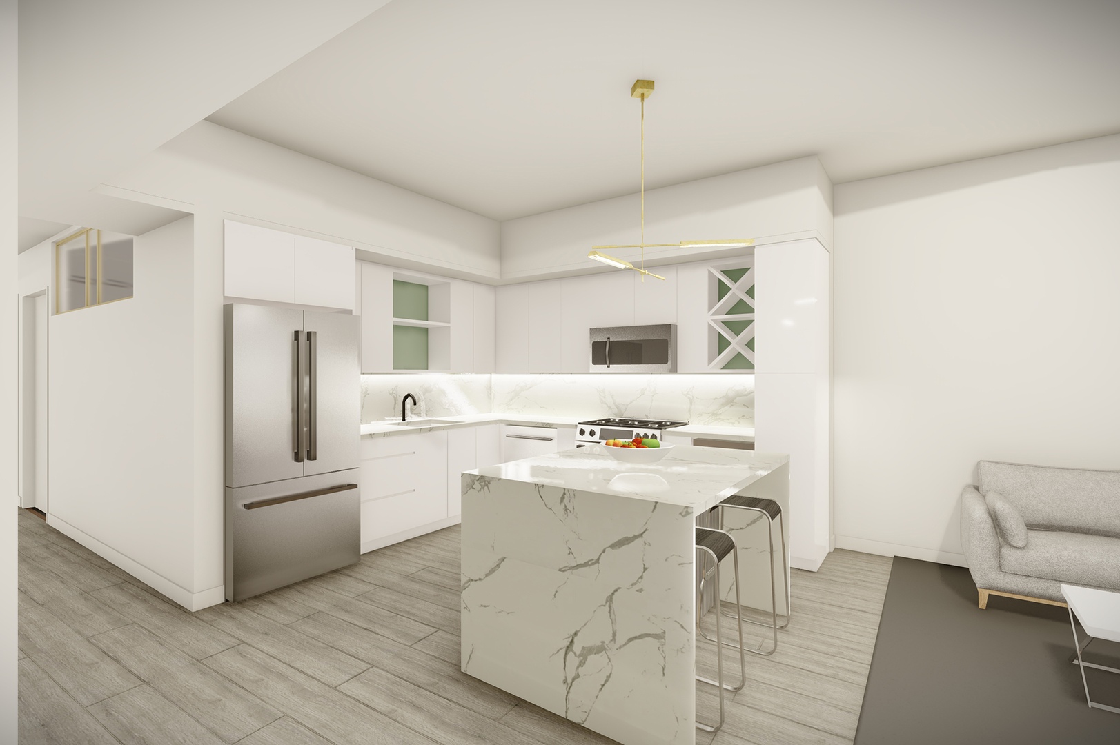 Luxury kitchen with premier details including stainless steel appliances, wine racks, and designer bronze pendent lamp above a seated, white marble island.